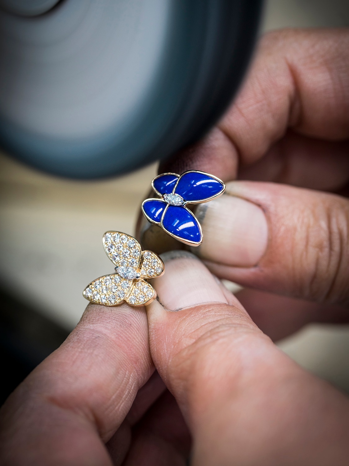 Two Butterfly earrings. 18K yellow gold, diamond, lapis lazuli, craftsmanship. Two Butterfly collection, Van Cleef & Arpels.