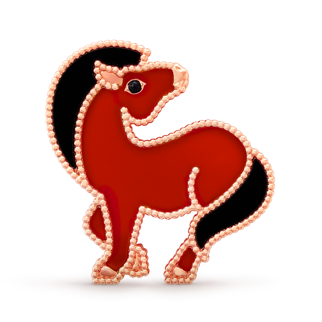 Lucky Animals Horse clip, 18K rose gold, carnelian, onyx. Lucky Animals collection, Van Cleef & Arpels.