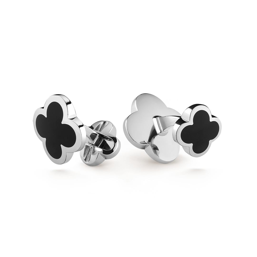 Alhambra cufflinks, rhodium plated 18K white gold, onyx. Alhambra collection, Van Cleef & Arpels.