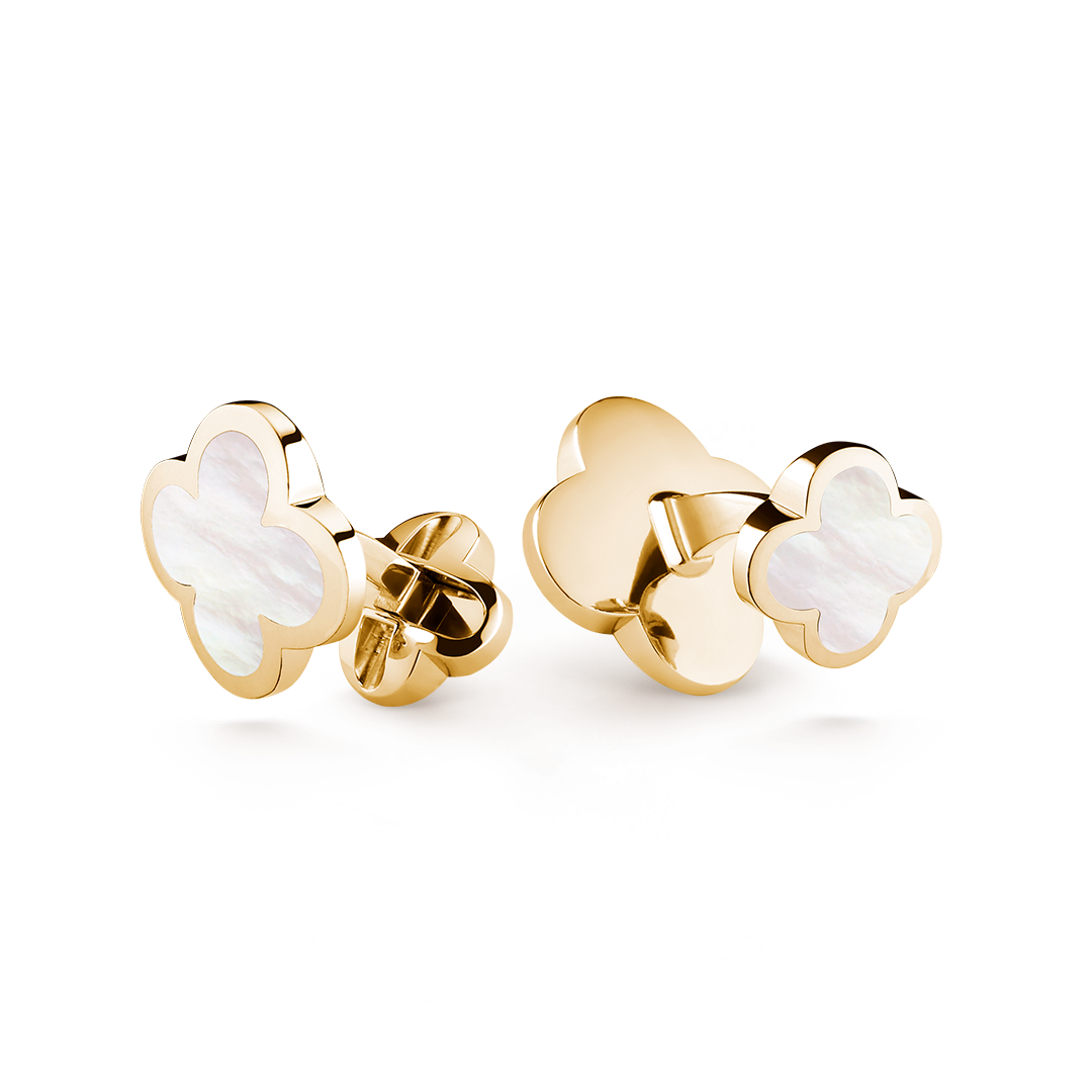 Alhambra cufflinks, 18K yellow gold, white mother-of-pearl. Alhambra collection, Van Cleef & Arpels.