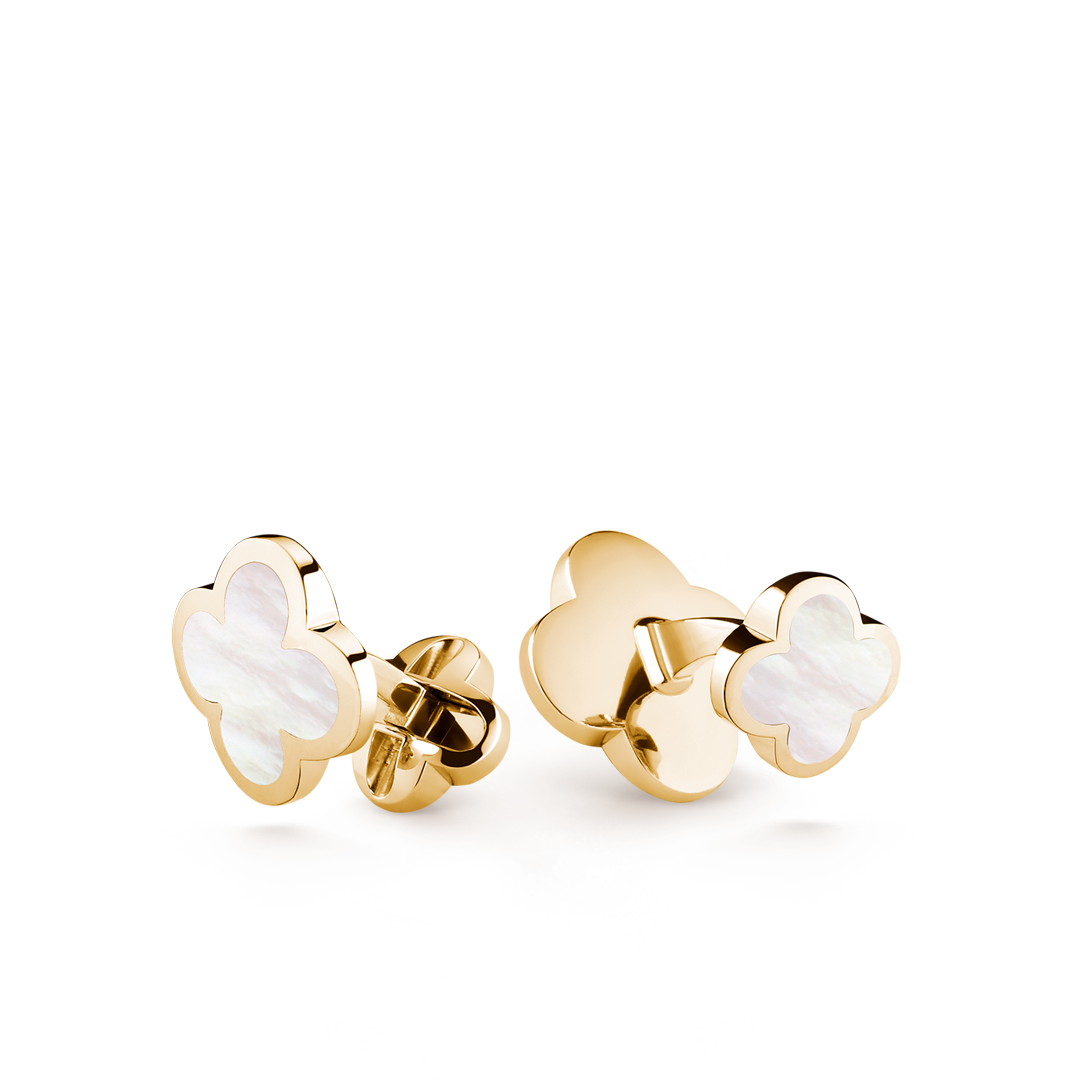 Alhambra cufflinks, 18K yellow gold, white mother-of-pearl. Alhambra collection, Van Cleef & Arpels.