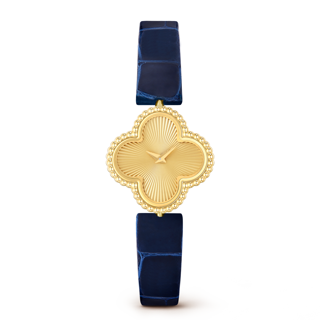 Sweet Alhambra watch, guilloché 18K yellow gold, quartz movement. Alhambra collection, Van Cleef & Arpels.