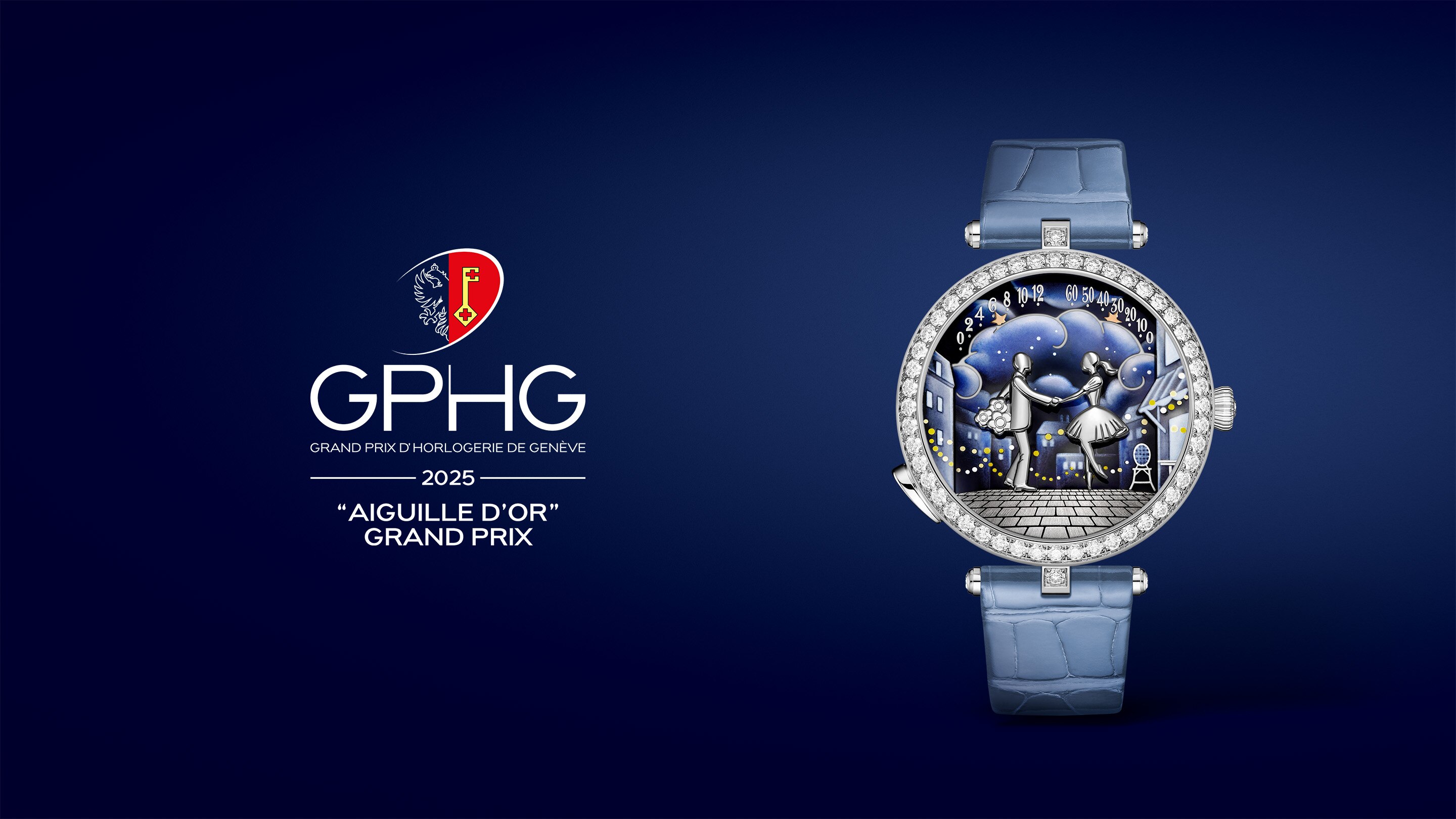 Lady Arpels Bal des Amoureux Automate watch. Rhodium plated 18K white gold, round diamonds, grisaille enamel, colored grisaille enamel, rhodium plated characters, self-winding mechanical movement featuring a double retrograde function, automaton mechanism and on-demand animation. Poetic Complications collection. Van Cleef & Arpels.