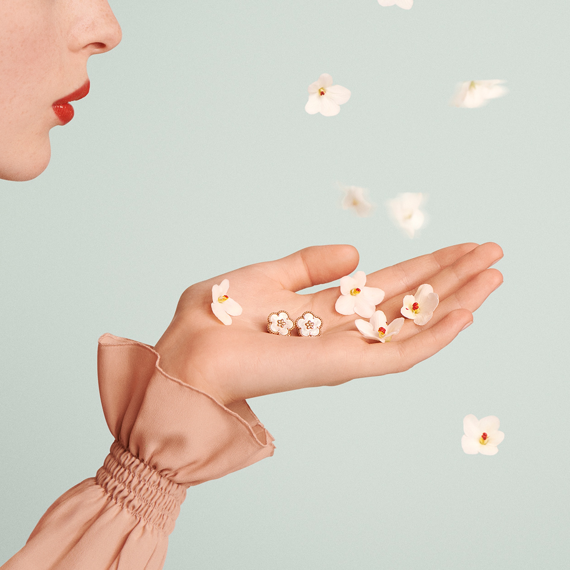 Lucky Spring earrings, plum blossom, rose gold, white mother-of-pearl.  Lucky Spring collection, Van Cleef & Arpels
