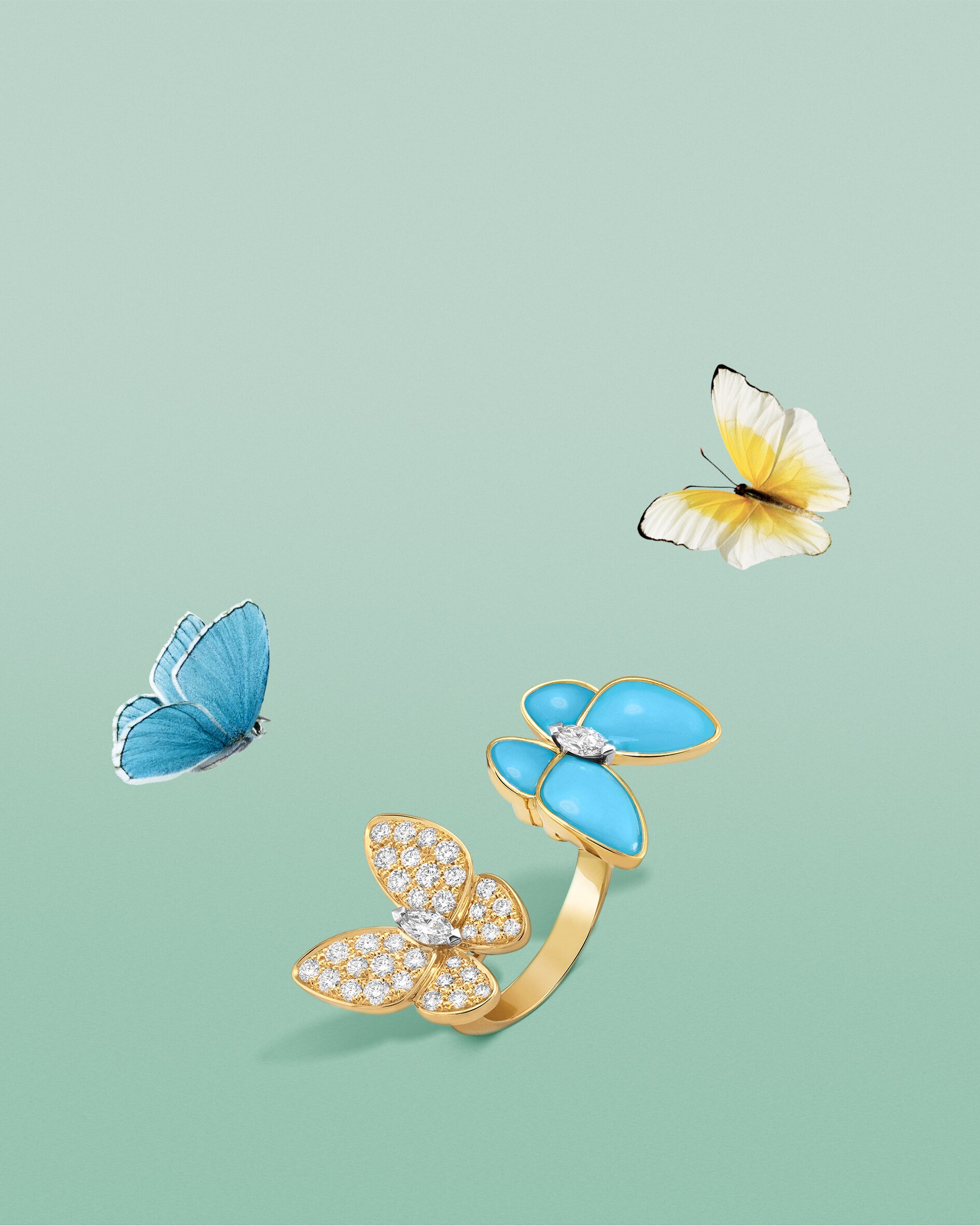 Two Butterfly Between the Finger ring, yellow gold, white gold, turquoise, diamonds. Two Butterfly collection, Van Cleef & Arpels.