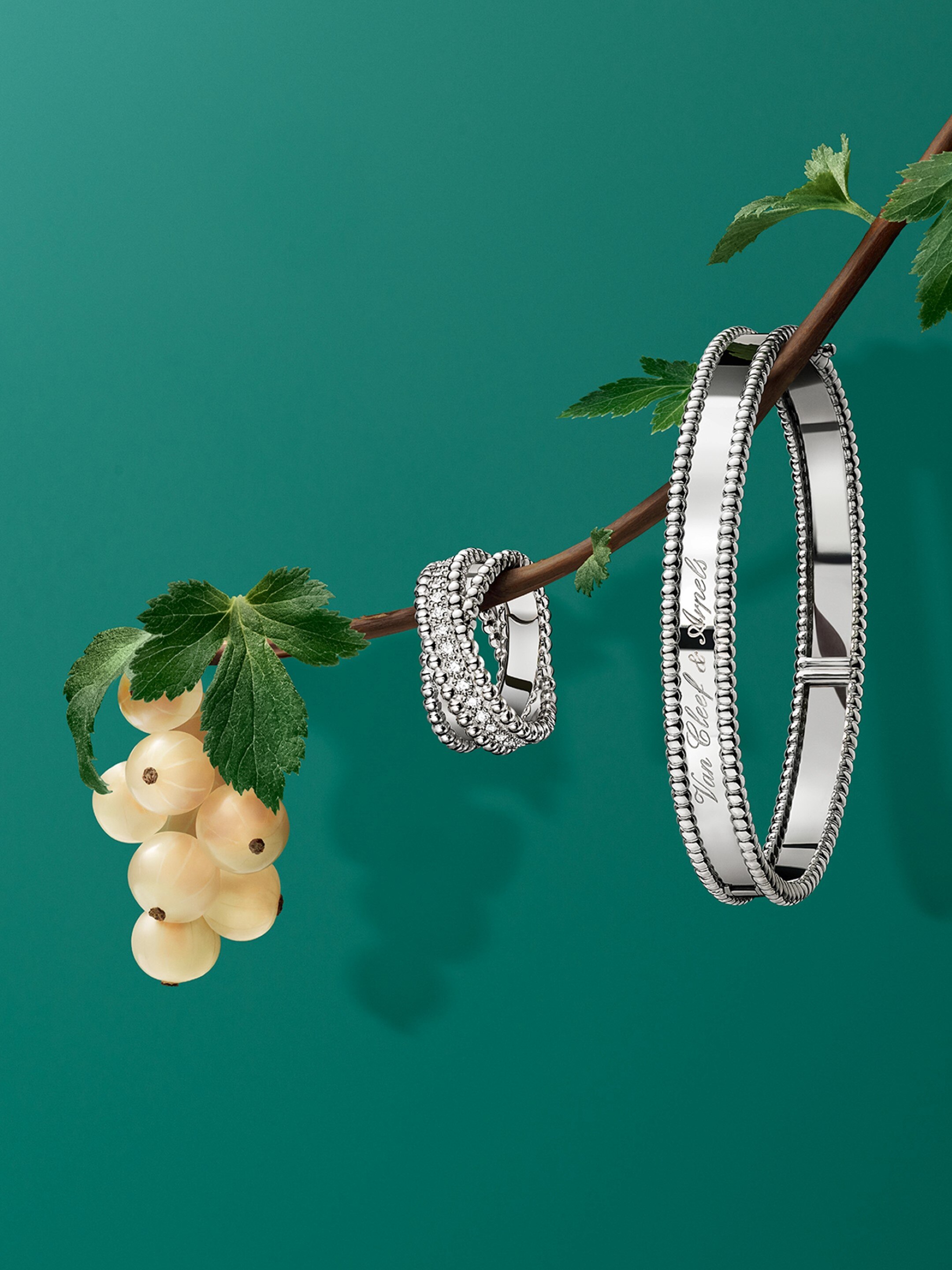 Perlée diamonds duo ring, 18K white gold, diamonds. Perlée signature bracelet, 18K white gold. Perlée® collection, Van Cleef & Arpels.