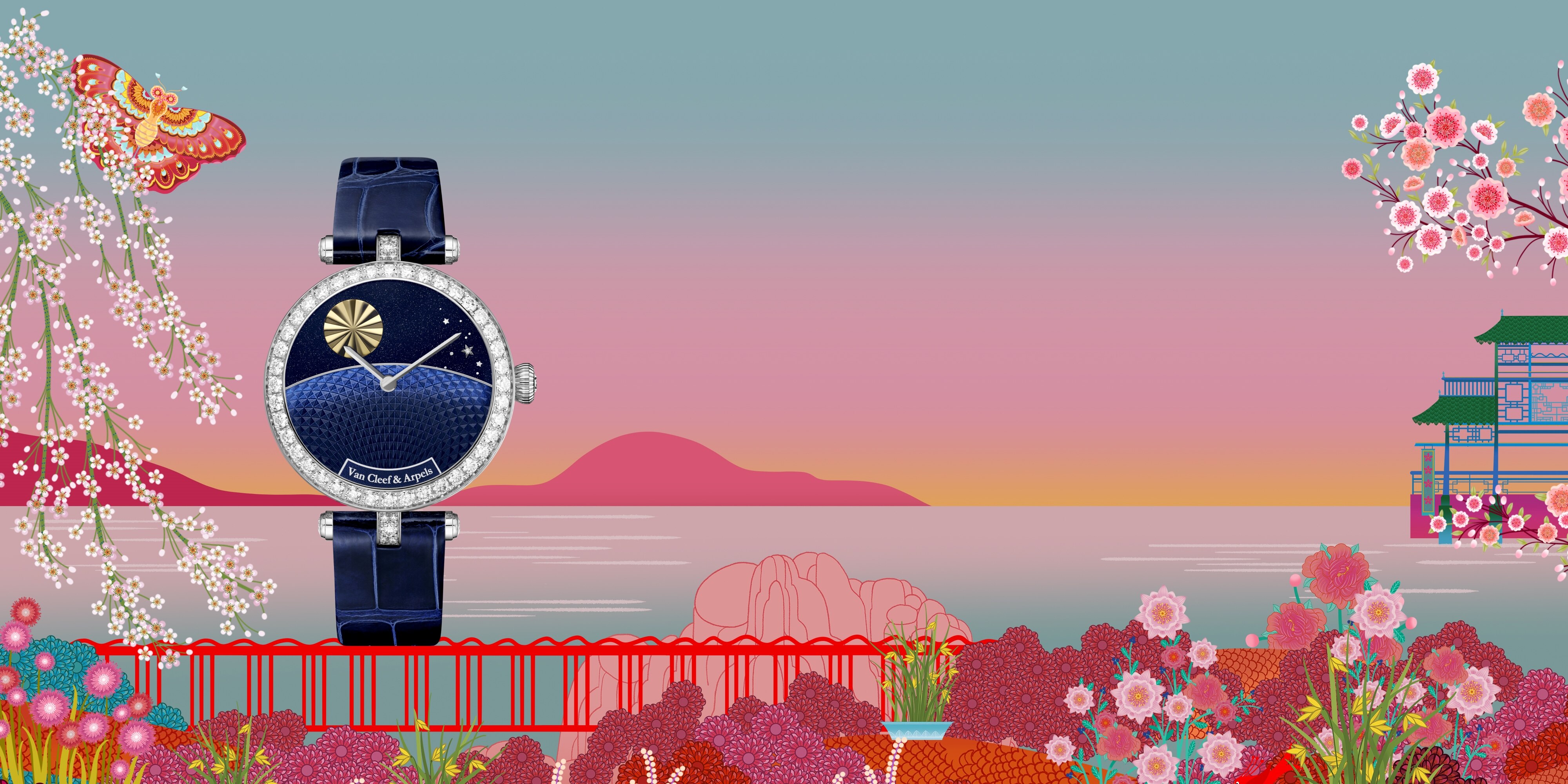 Lady Jour Nuit watch, 18K white gold, 18K yellow gold, diamonds, aventurine glass, blue-painted white mother-of-pearl, self-winding mechanical movement with 24h module. Poetic Complications® collection, Van Cleef & Arpels.